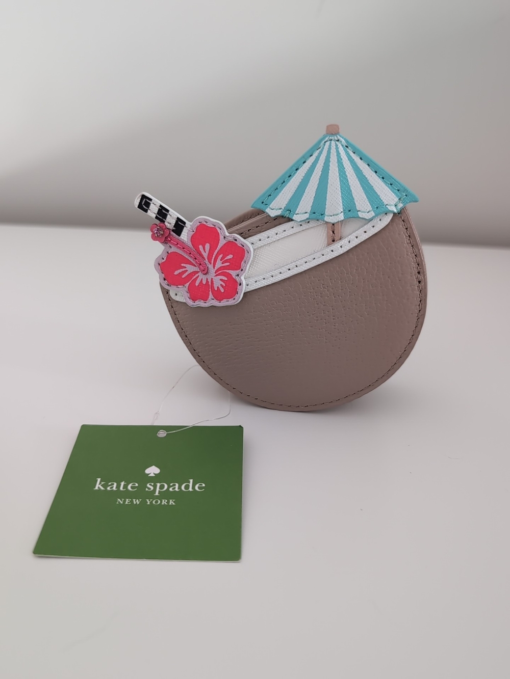 Vintage Kate Spade Taupe Coin Pouch with Blue & Pink Tropical Accents